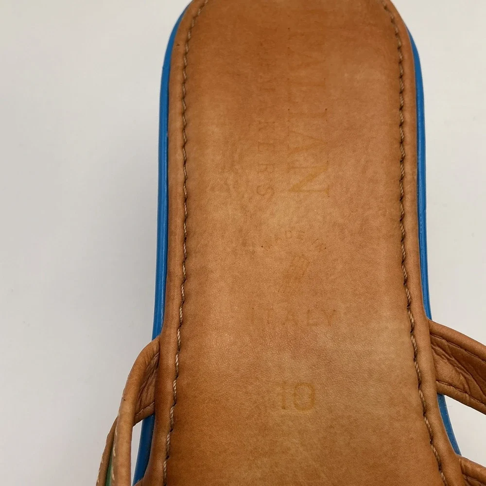 Italian Shoemakers Womens 10 Wedge Sandals Blue Green Tan Multi Strap Made Italy